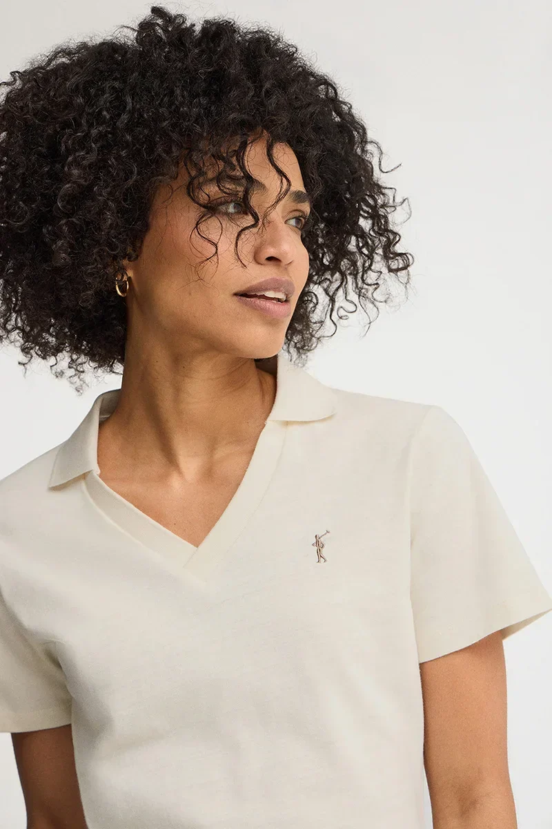 Nude cotton-linen polo shirt with buttonless collar and Rigby Go embroidery - Image 3