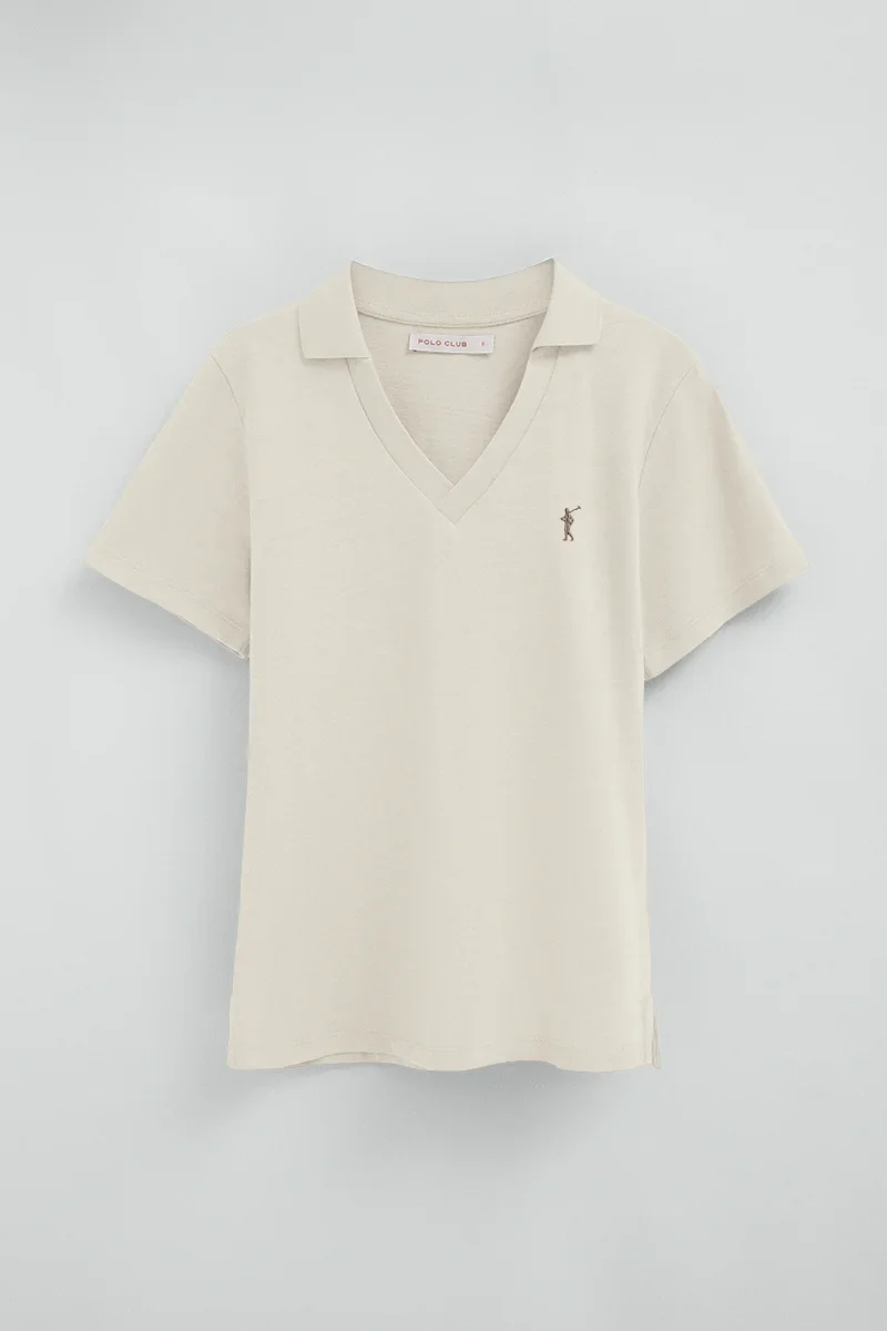 Nude cotton-linen polo shirt with buttonless collar and Rigby Go embroidery - Image 6