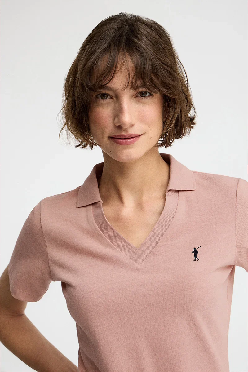 Pale-pink cotton-linen polo shirt with buttonless collar and Rigby Go embroidery