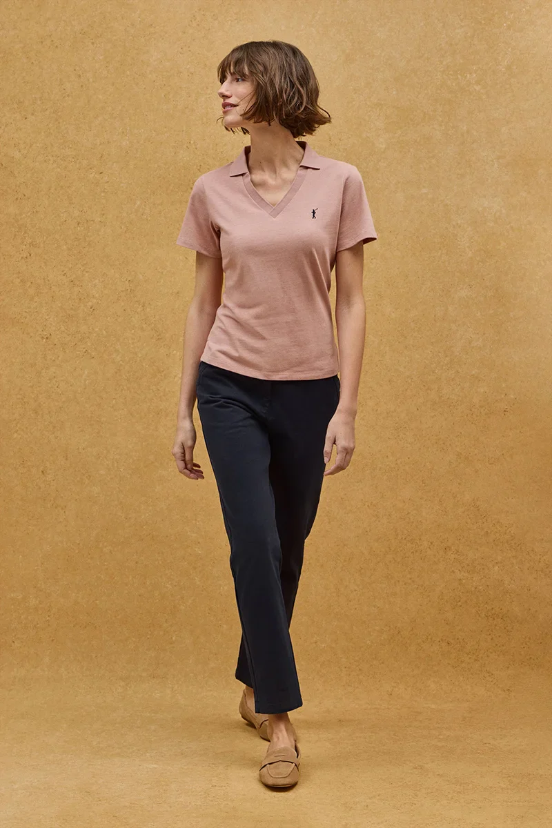 Pale-pink cotton-linen polo shirt with buttonless collar and Rigby Go embroidery - Image 2