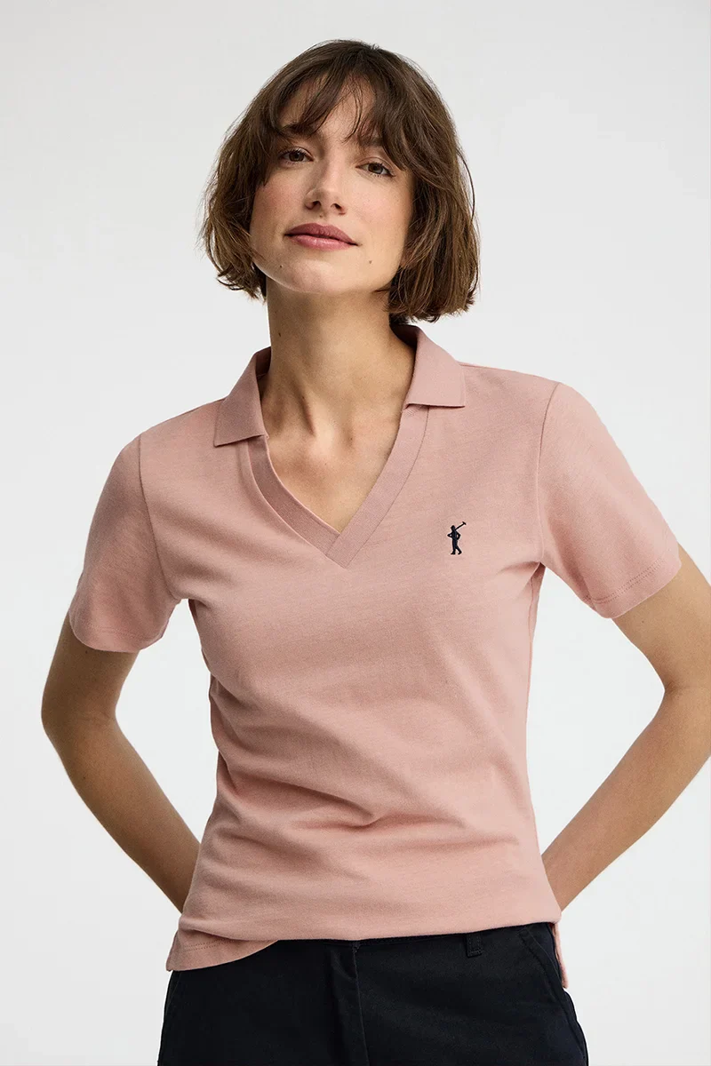 Pale-pink cotton-linen polo shirt with buttonless collar and Rigby Go embroidery - Image 3