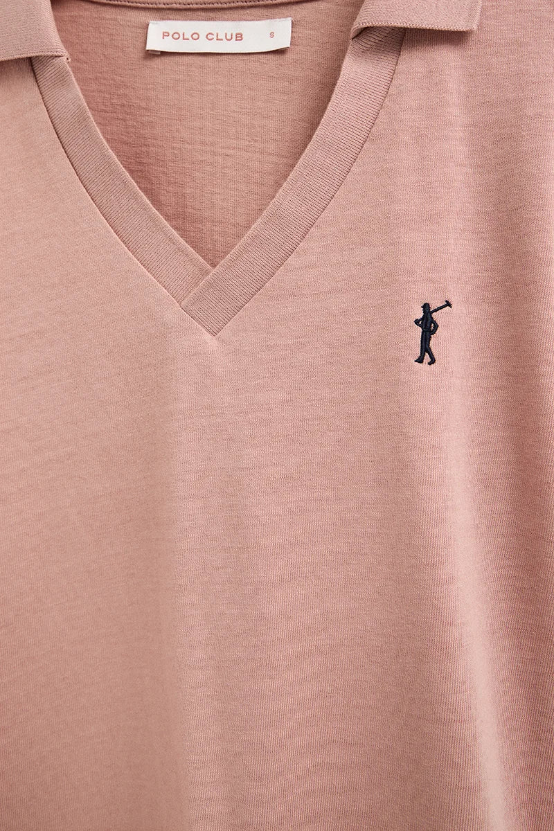 Pale-pink cotton-linen polo shirt with buttonless collar and Rigby Go embroidery - Image 7