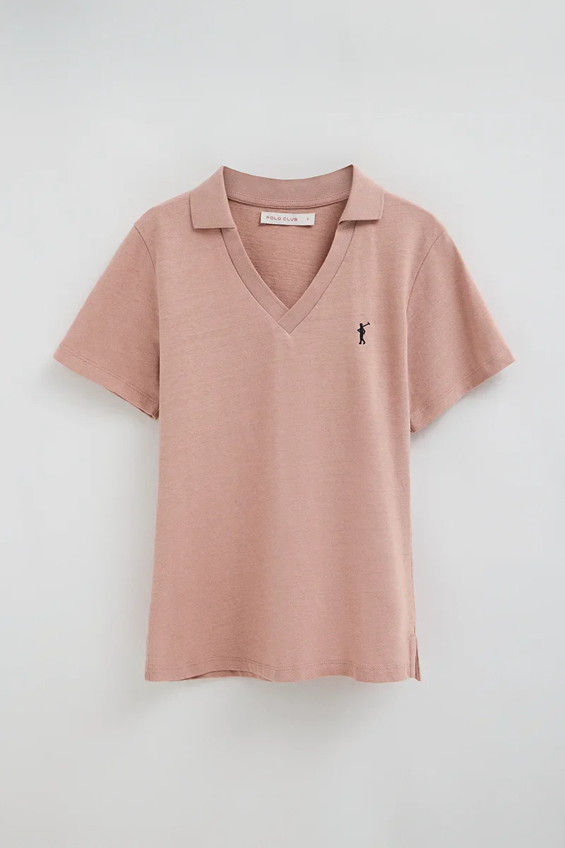 Pale-pink cotton-linen polo shirt with buttonless collar and Rigby Go embroidery - Image 9