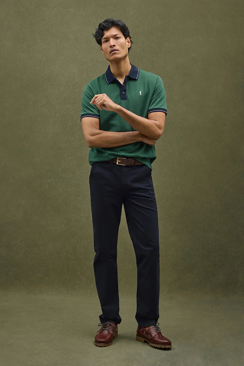 Bottle-green polo shirt with contrast details and Rigby Go embroidery