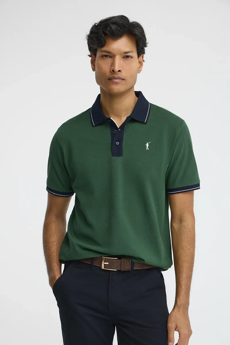 Bottle-green polo shirt with contrast details and Rigby Go embroidery - Image 2