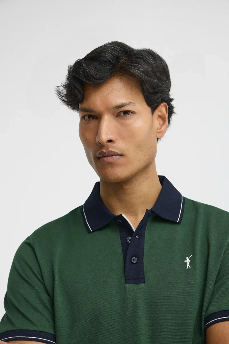 Bottle-green polo shirt with contrast details and Rigby Go embroidery - Image 3