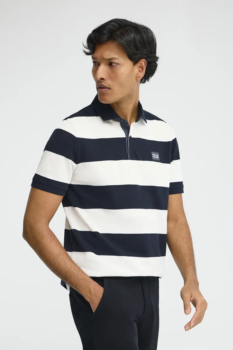 Striped polo shirt in navy blue and nude with Polo Club denim patch