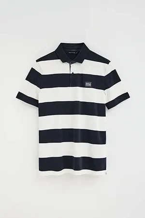 Striped polo shirt in navy blue and nude with Polo Club denim patch - Image 10