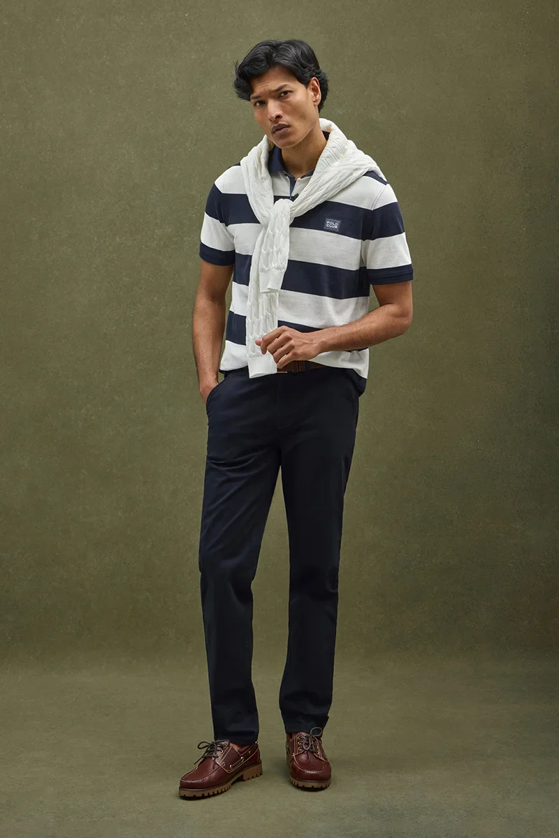 Striped polo shirt in navy blue and nude with Polo Club denim patch - Image 2