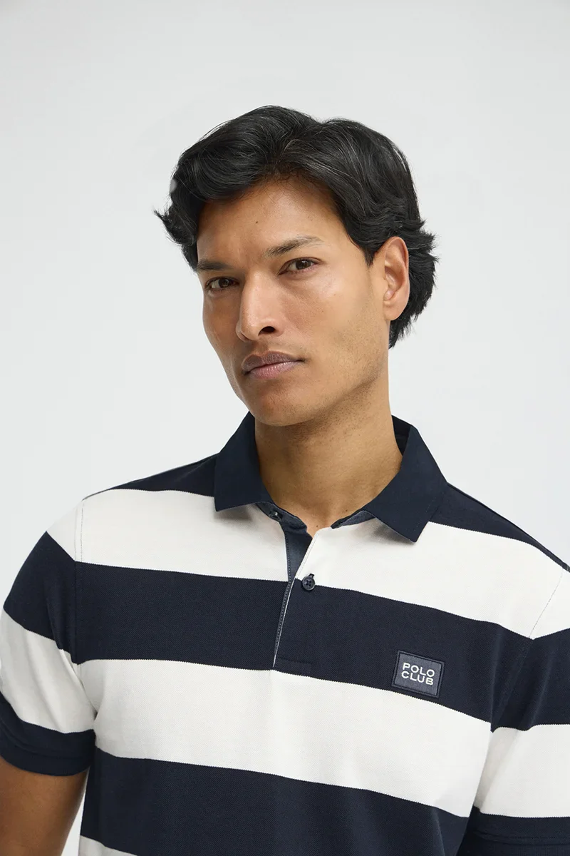 Striped polo shirt in navy blue and nude with Polo Club denim patch - Image 3