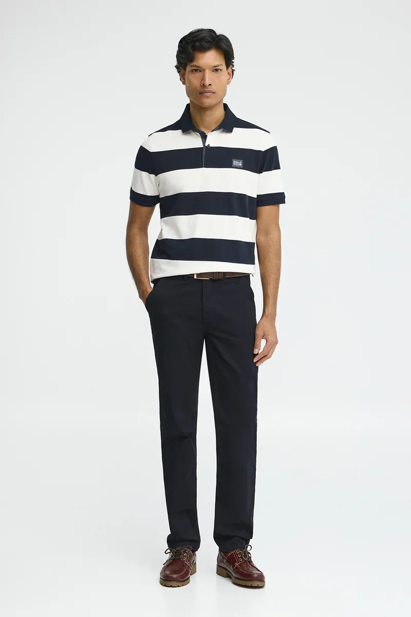 Striped polo shirt in navy blue and nude with Polo Club denim patch - Image 4