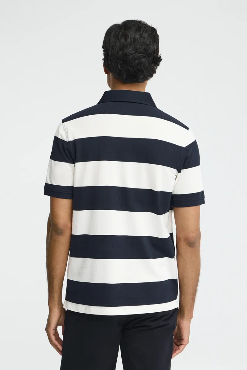 Striped polo shirt in navy blue and nude with Polo Club denim patch - Image 5