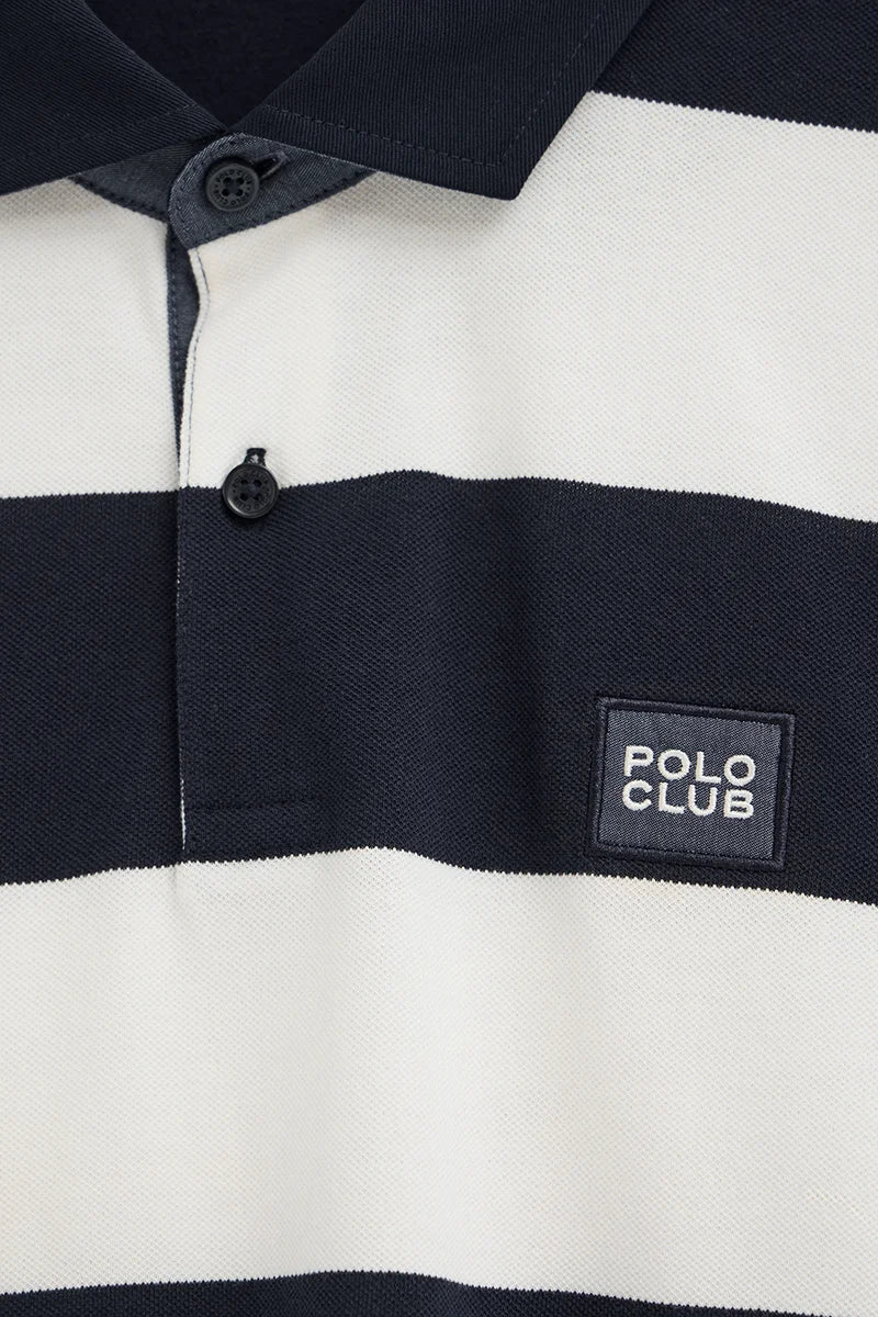 Striped polo shirt in navy blue and nude with Polo Club denim patch - Image 7