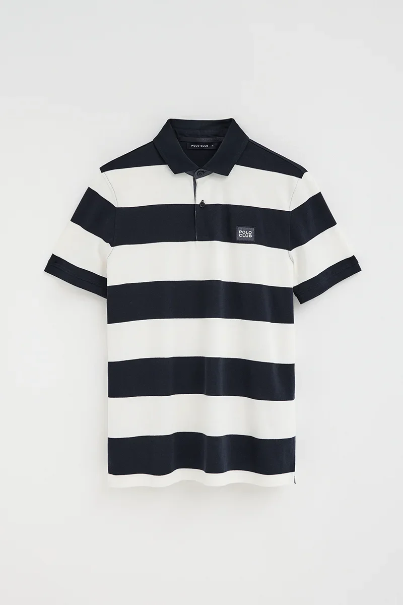 Striped polo shirt in navy blue and nude with Polo Club denim patch - Image 9