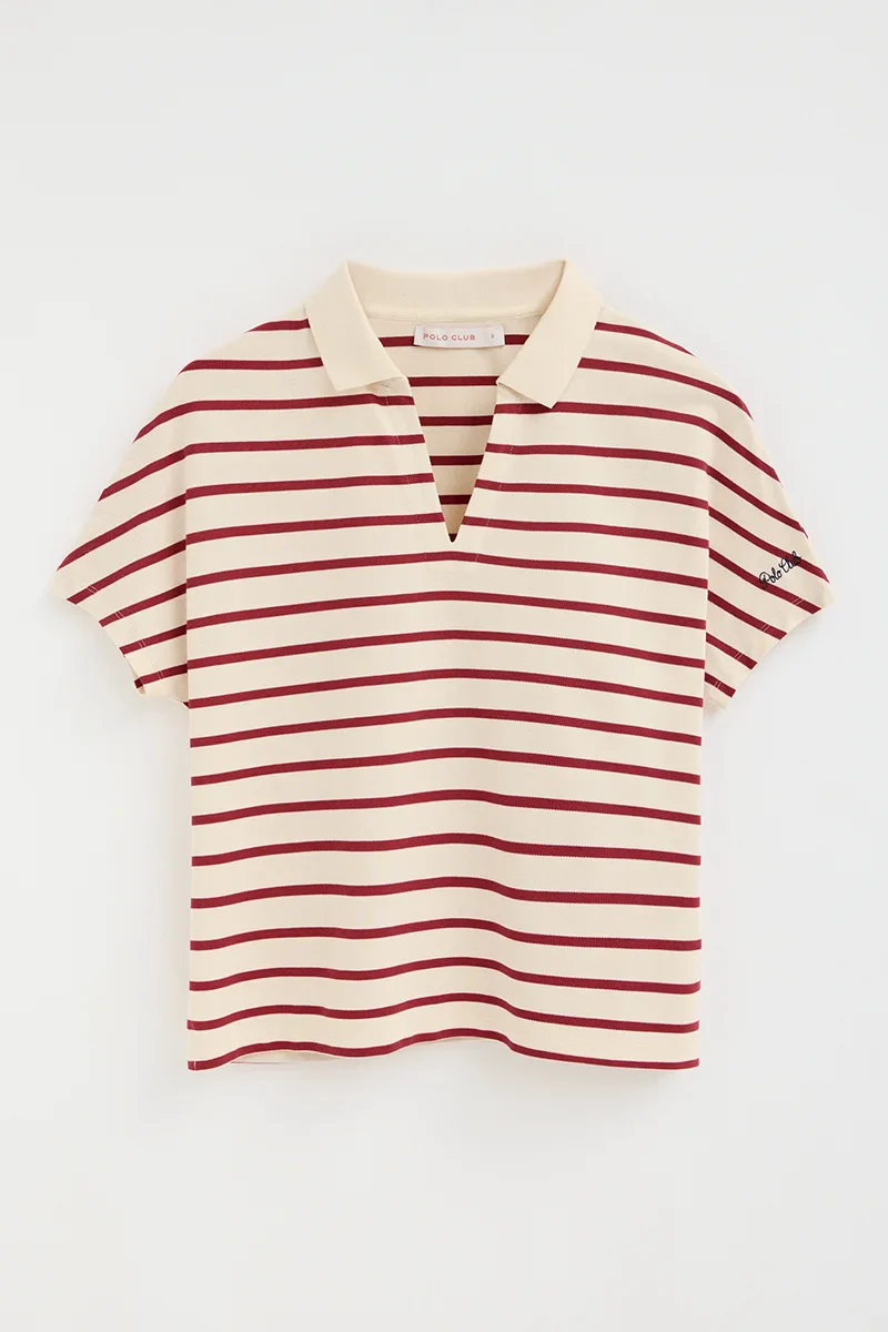 Striped V-neck buttonless polo shirt Polo Club in cream and burnt red - Image 6