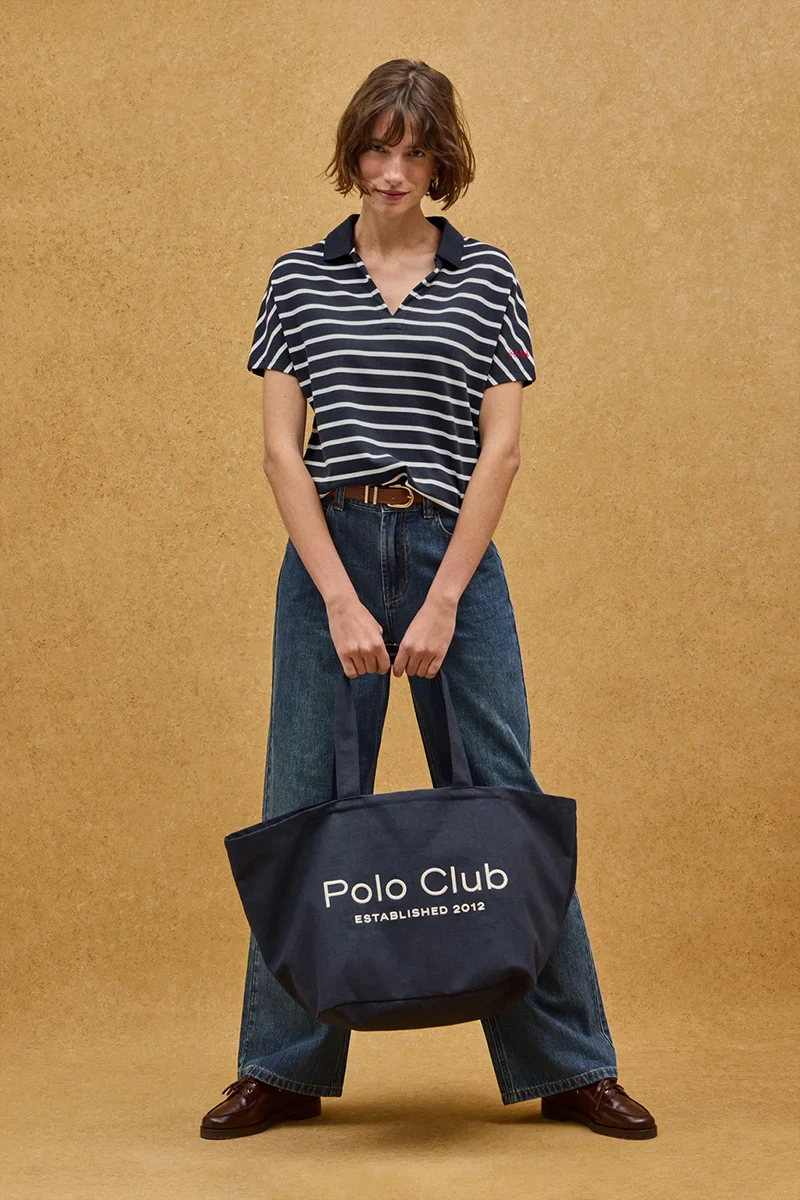 Striped V-neck buttonless polo shirt Polo Club in navy blue and nude