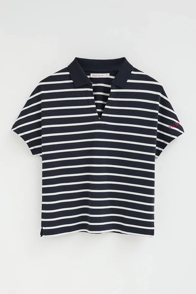 Striped V-neck buttonless polo shirt Polo Club in navy blue and nude - Image 10