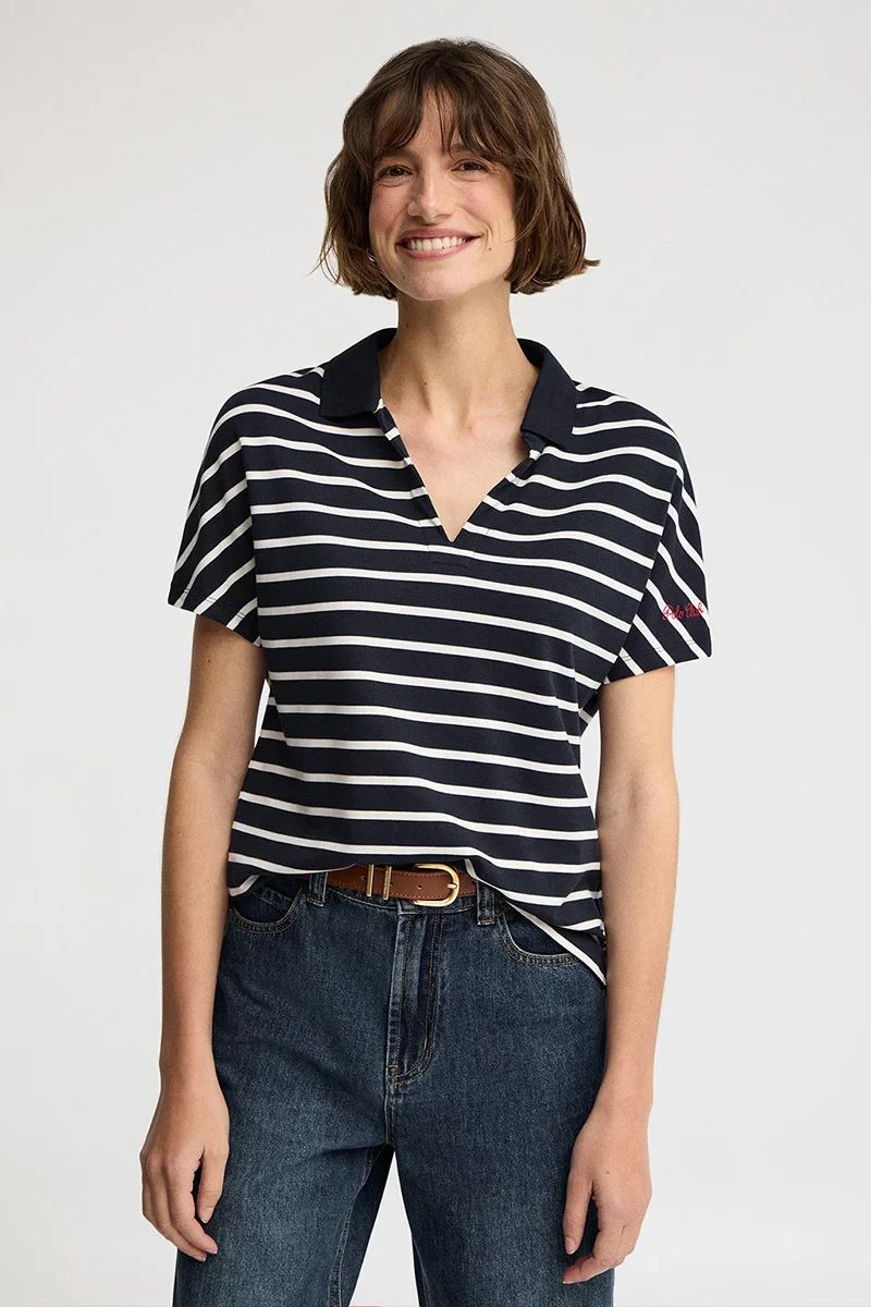 Striped V-neck buttonless polo shirt Polo Club in navy blue and nude - Image 2