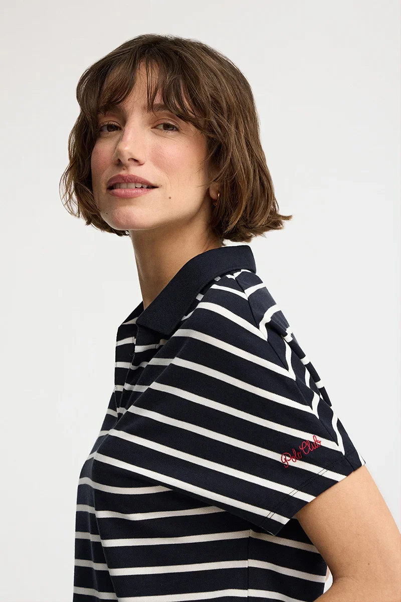 Striped V-neck buttonless polo shirt Polo Club in navy blue and nude - Image 3