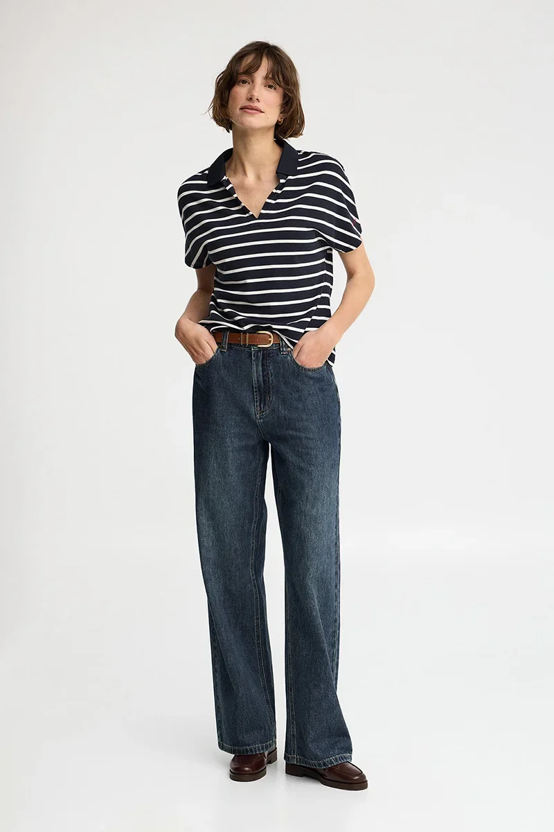 Striped V-neck buttonless polo shirt Polo Club in navy blue and nude - Image 4