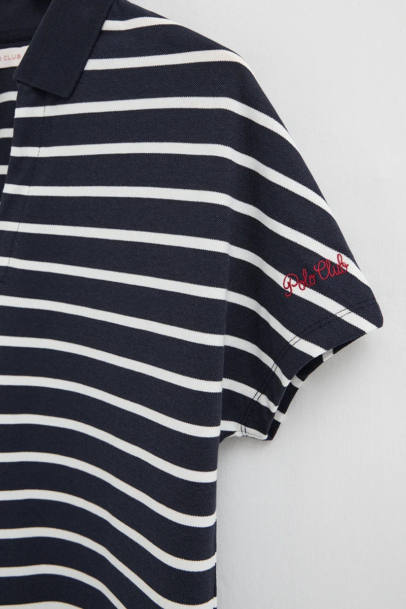 Striped V-neck buttonless polo shirt Polo Club in navy blue and nude - Image 7