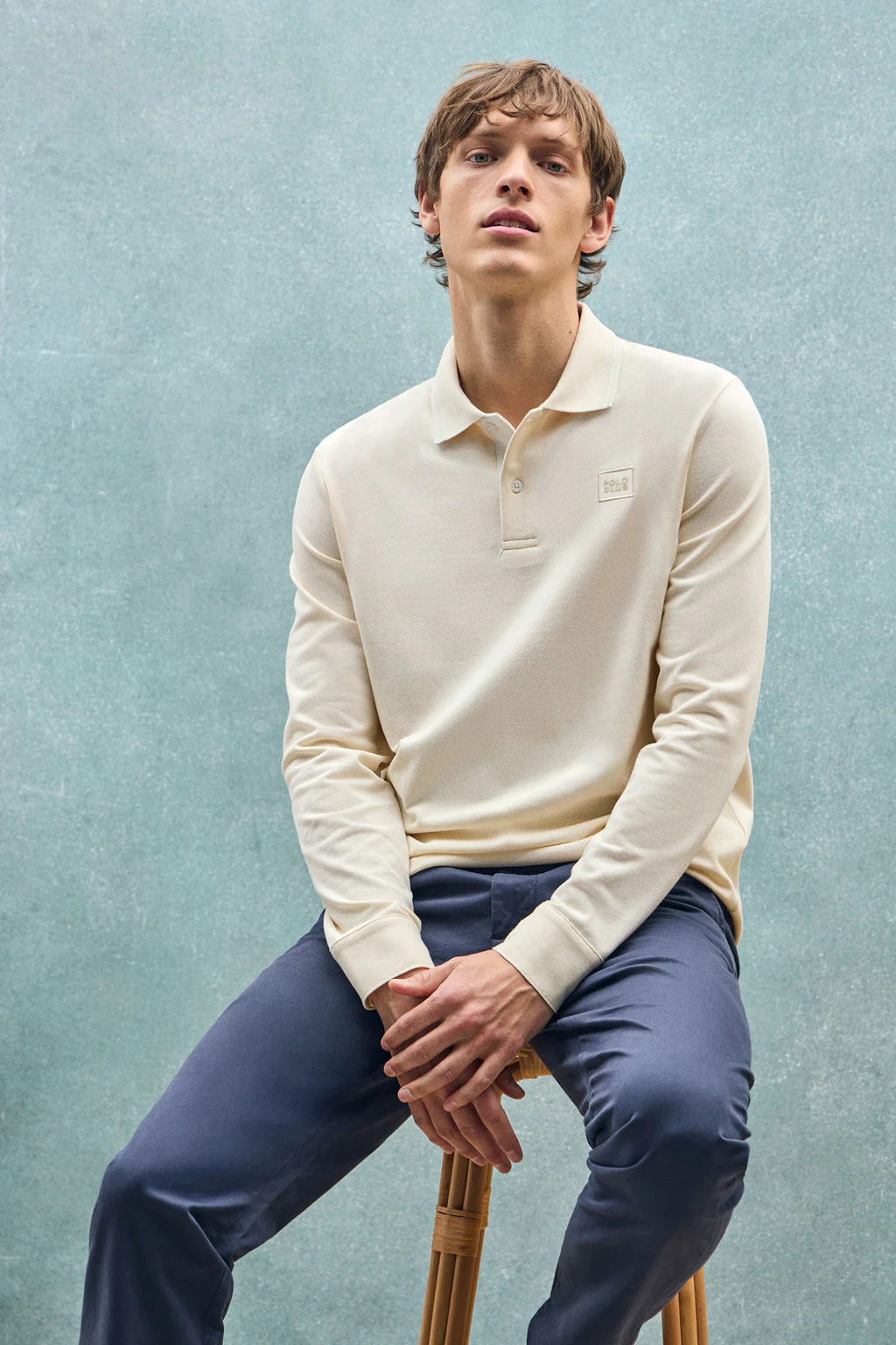 Nude long-sleeve polo shirt with two buttons and branded patch - Image 11