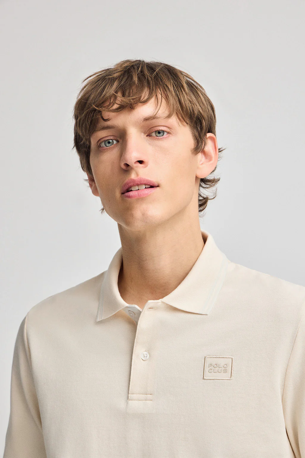 Nude long-sleeve polo shirt with two buttons and branded patch - Image 3