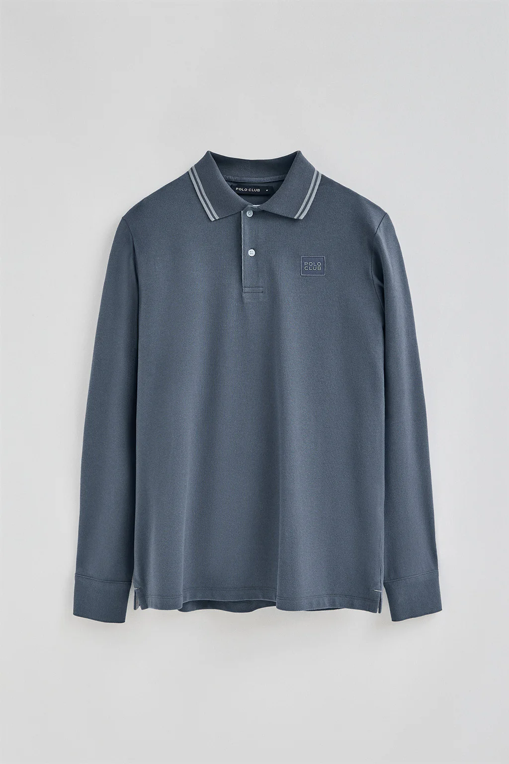Denim-blue long-sleeve polo shirt with two buttons and branded patch - Image 8
