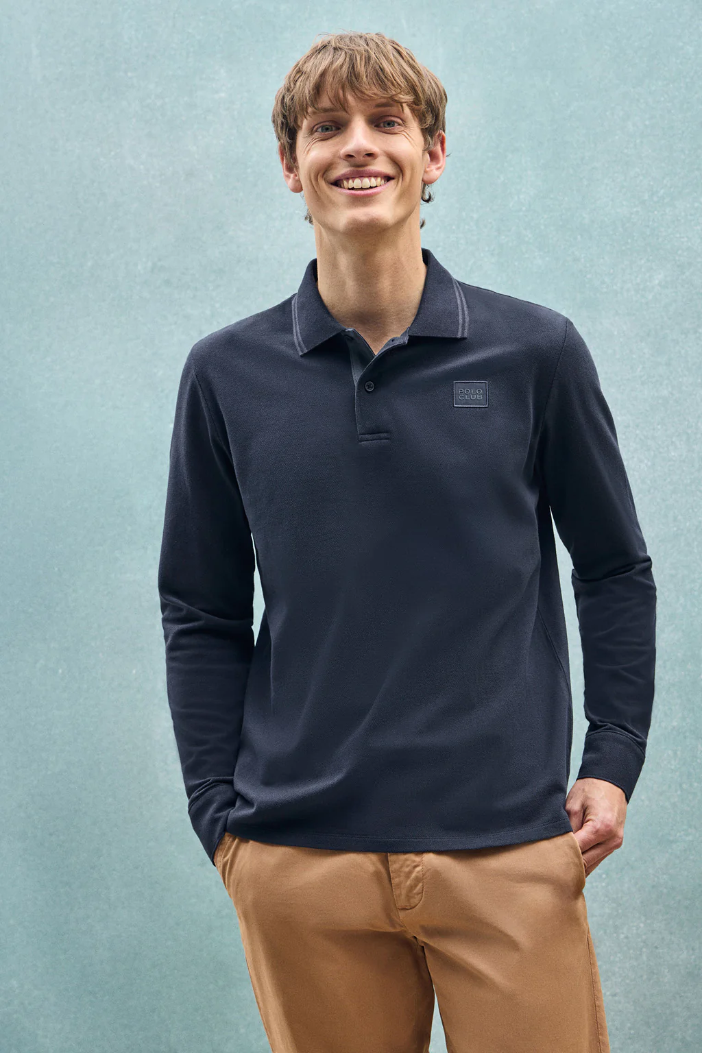 Navy-blue long-sleeve polo shirt with two buttons and branded patch - Image 11
