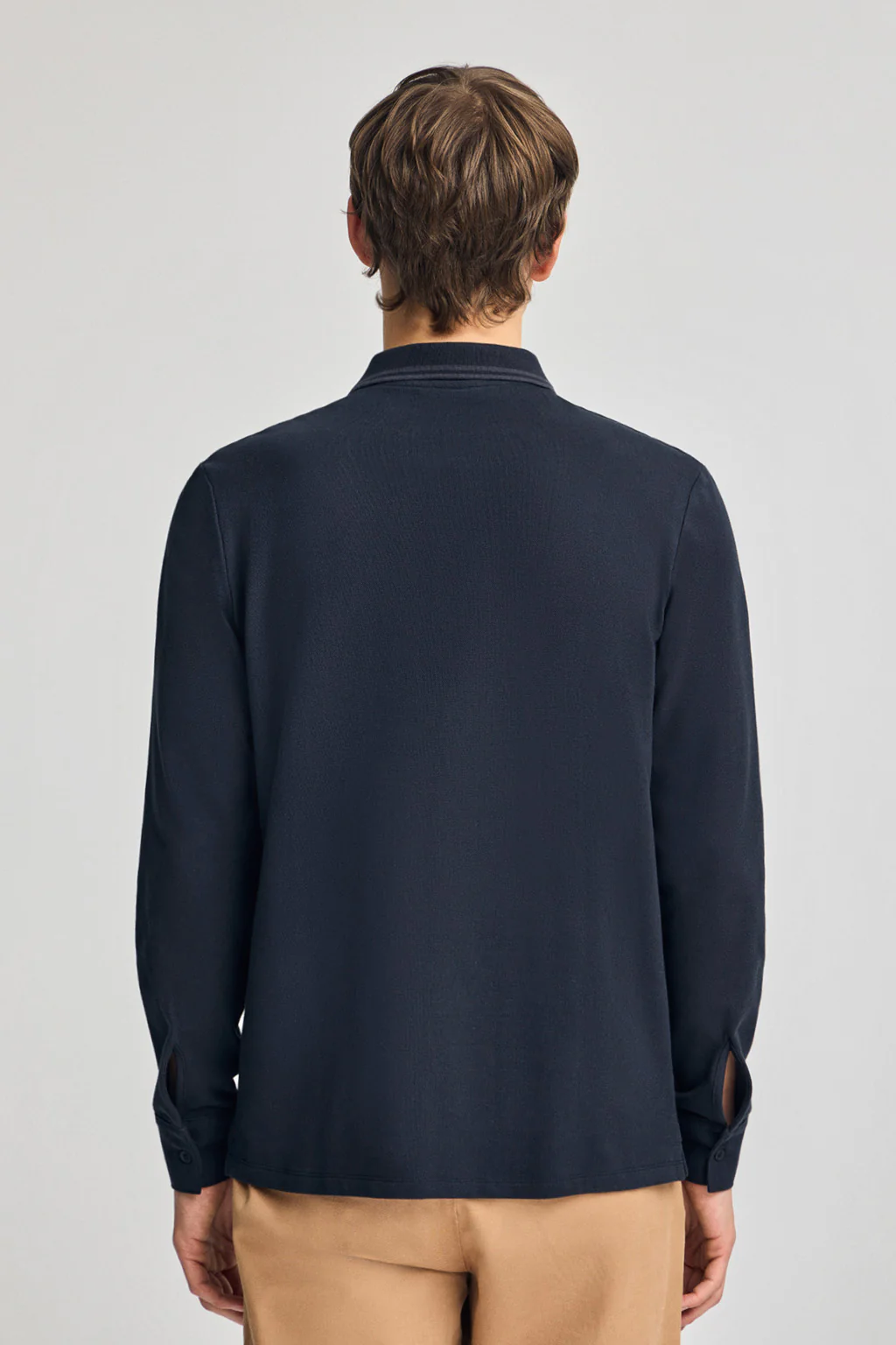 Navy-blue long-sleeve polo shirt with two buttons and branded patch - Image 2