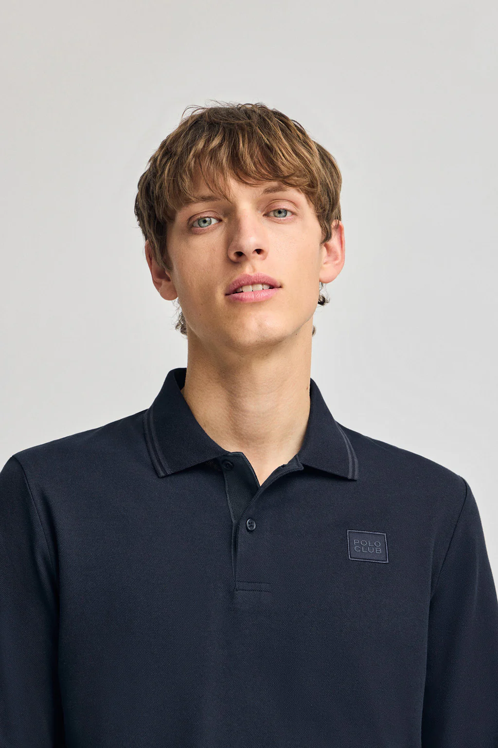Navy-blue long-sleeve polo shirt with two buttons and branded patch - Image 3