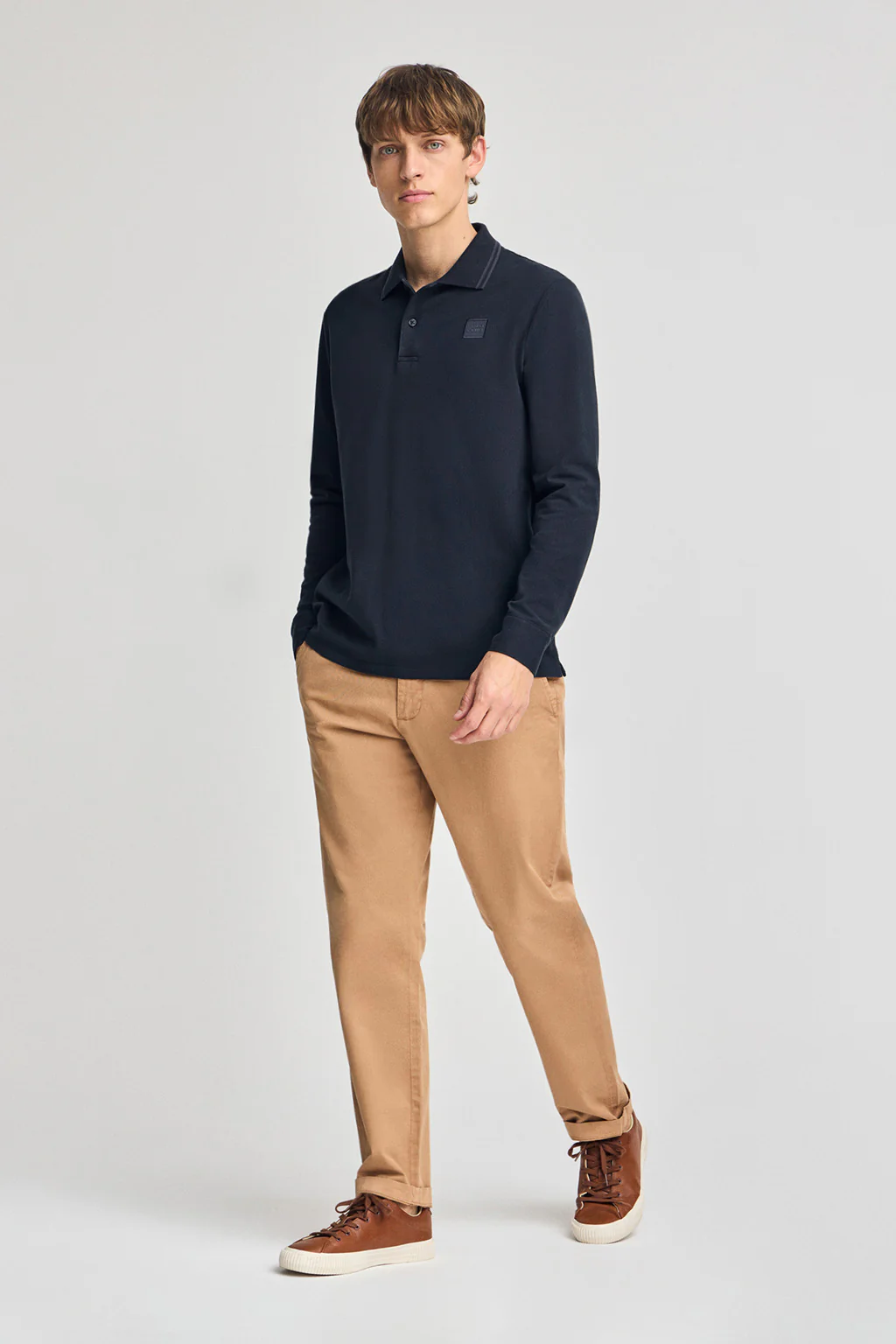 Navy-blue long-sleeve polo shirt with two buttons and branded patch - Image 4