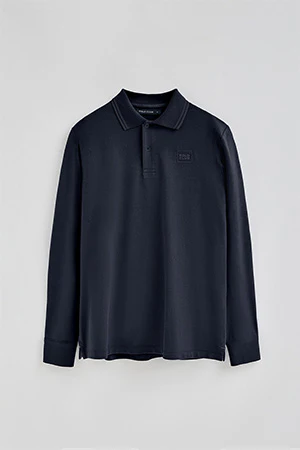 Navy-blue long-sleeve polo shirt with two buttons and branded patch - Image 9