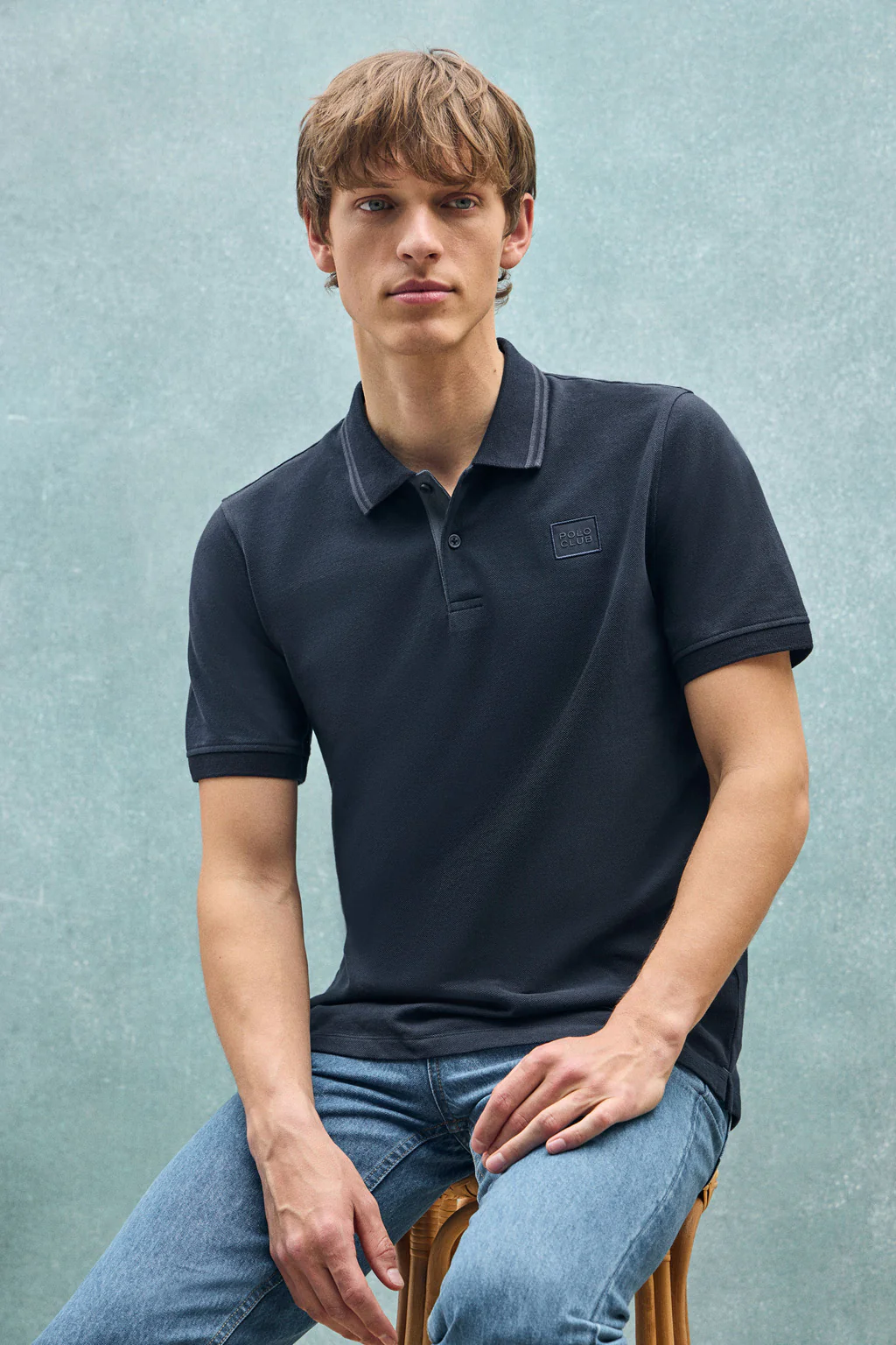 Navy-blue short-sleeve polo shirt with two buttons and chest detail - Image 10