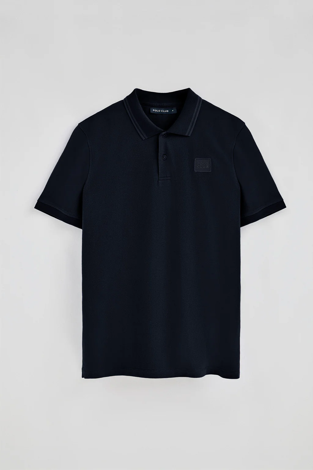 Navy-blue short-sleeve polo shirt with two buttons and chest detail - Image 5