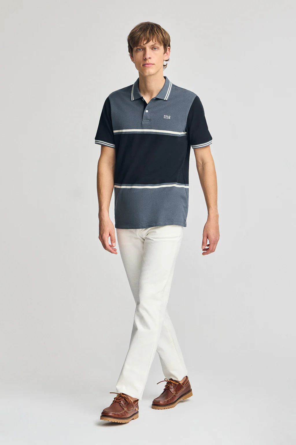 Denim-blue polo shirt Veil in bi-coloured pique with embroidered detail - Image 4