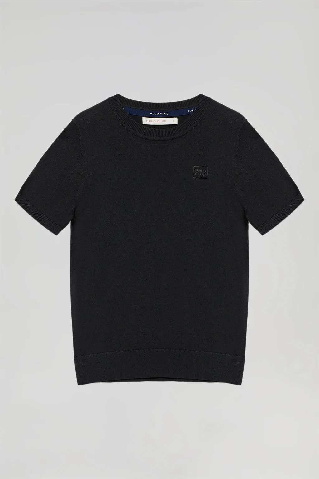 Black round-neck short-sleeve knit jumper with embroidered logo in matching colour - Image 9