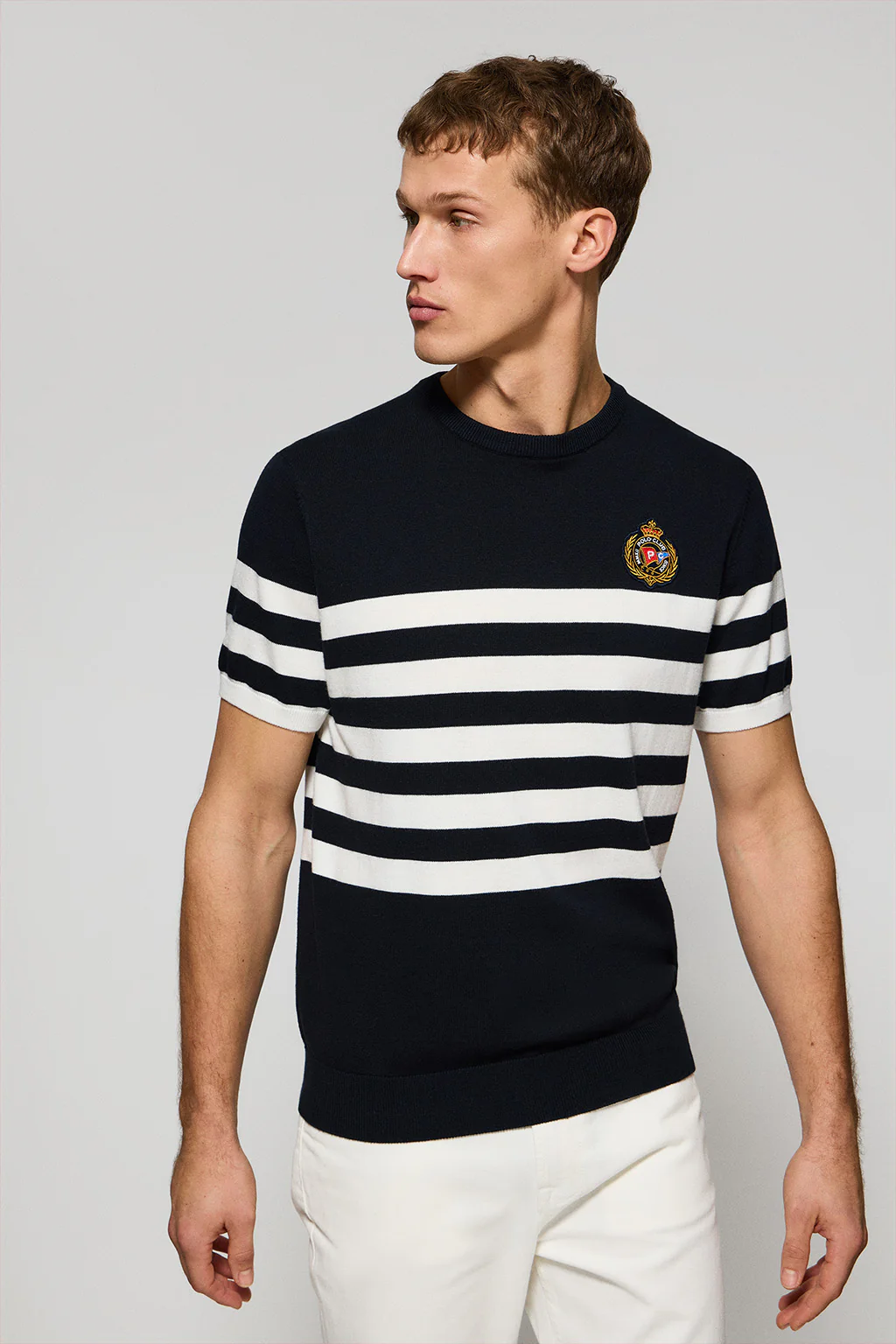 Navy-blue short-sleeve striped jumper with nautical patch