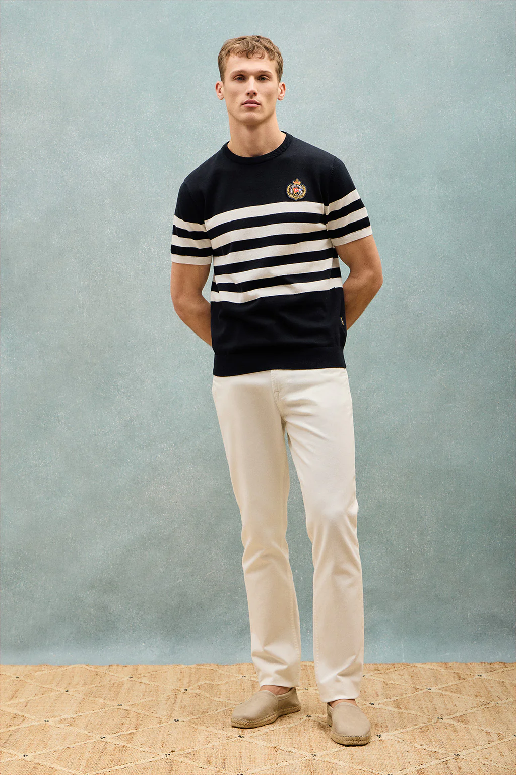 Navy-blue short-sleeve striped jumper with nautical patch - Image 11