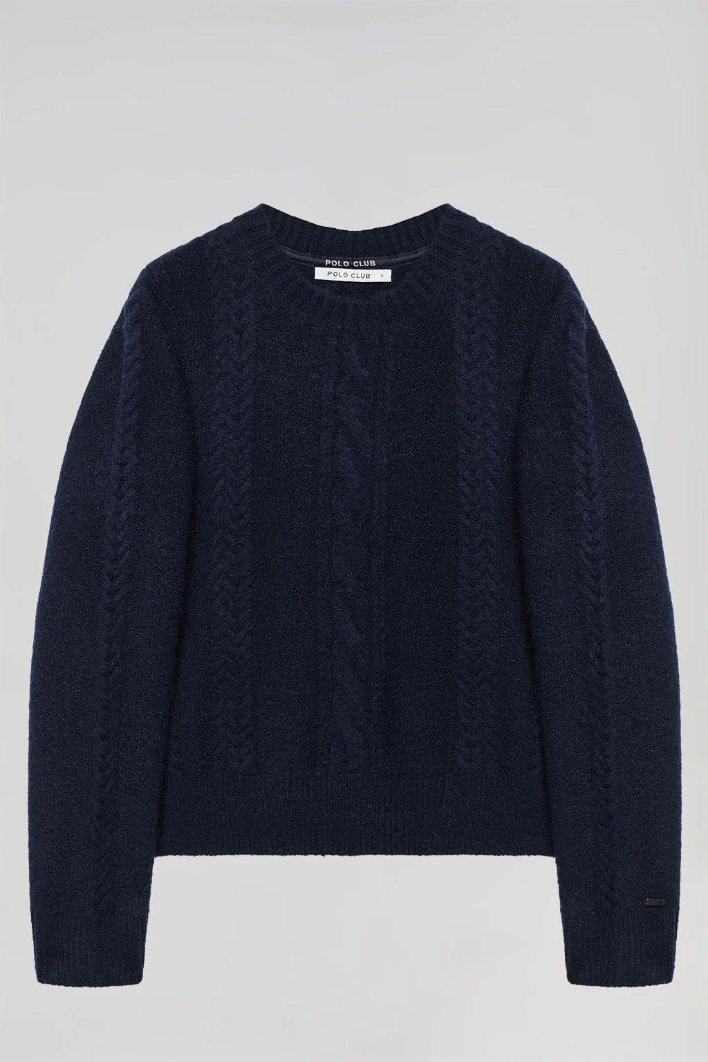 Blue round-neck plaited knit jumper with Polo Club sleeve detail - Image 9