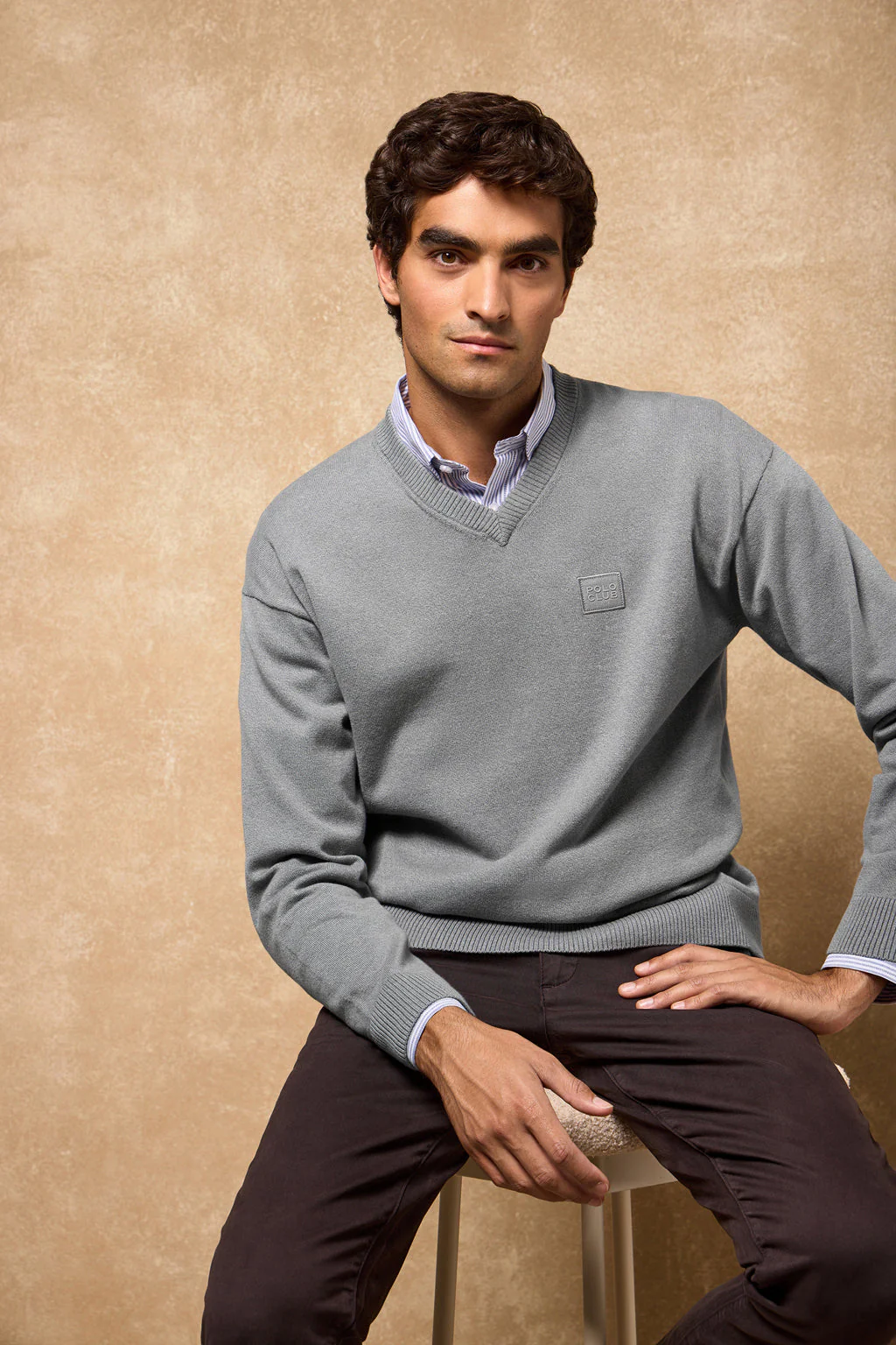 Grey-marl V-neck knit jumper Kendrik with Polo Club details