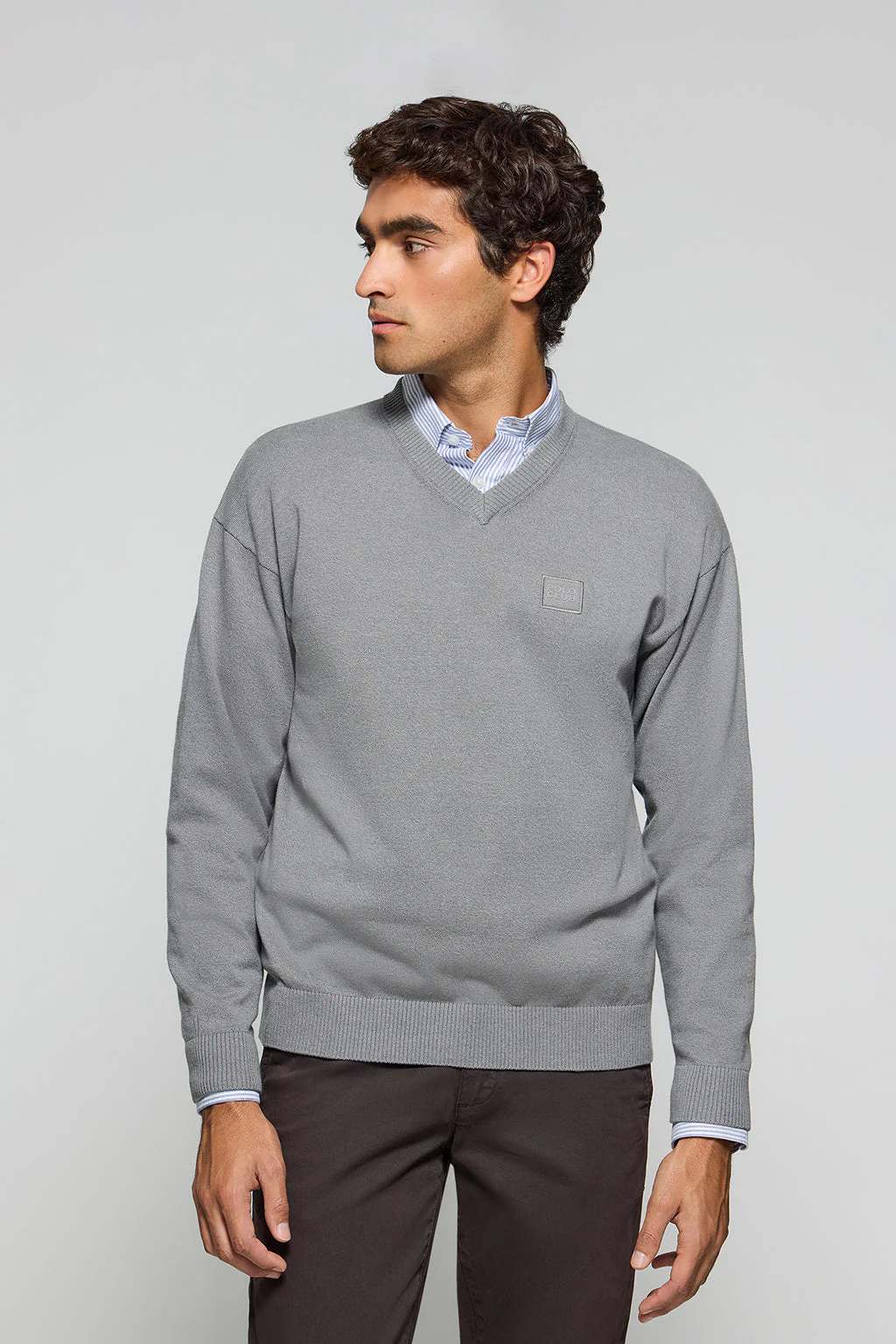 Grey-marl V-neck knit jumper Kendrik with Polo Club details - Image 4