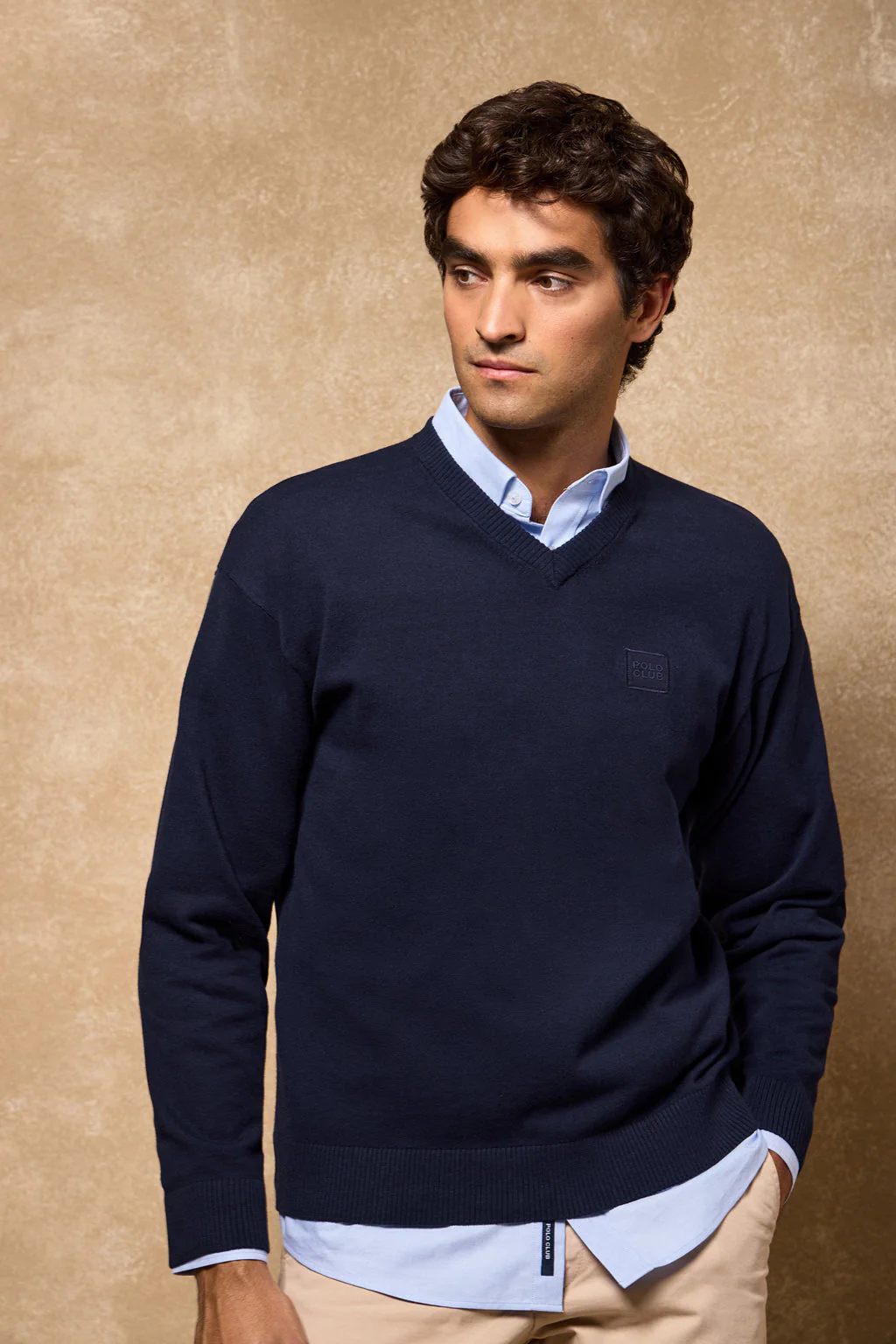 Navy-blue V-neck knit jumper Kendrik with Polo Club details
