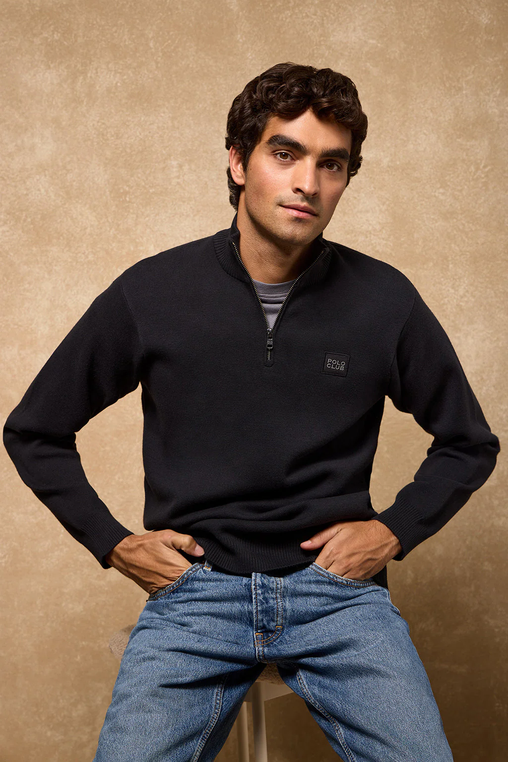 Black zip knit jumper Koda with Polo Club details