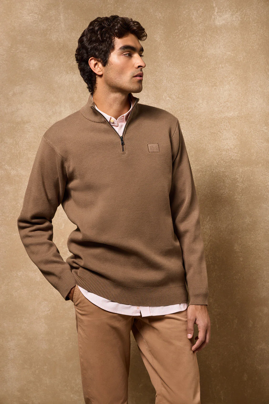 Brown zip knit jumper Koda with Polo Club details