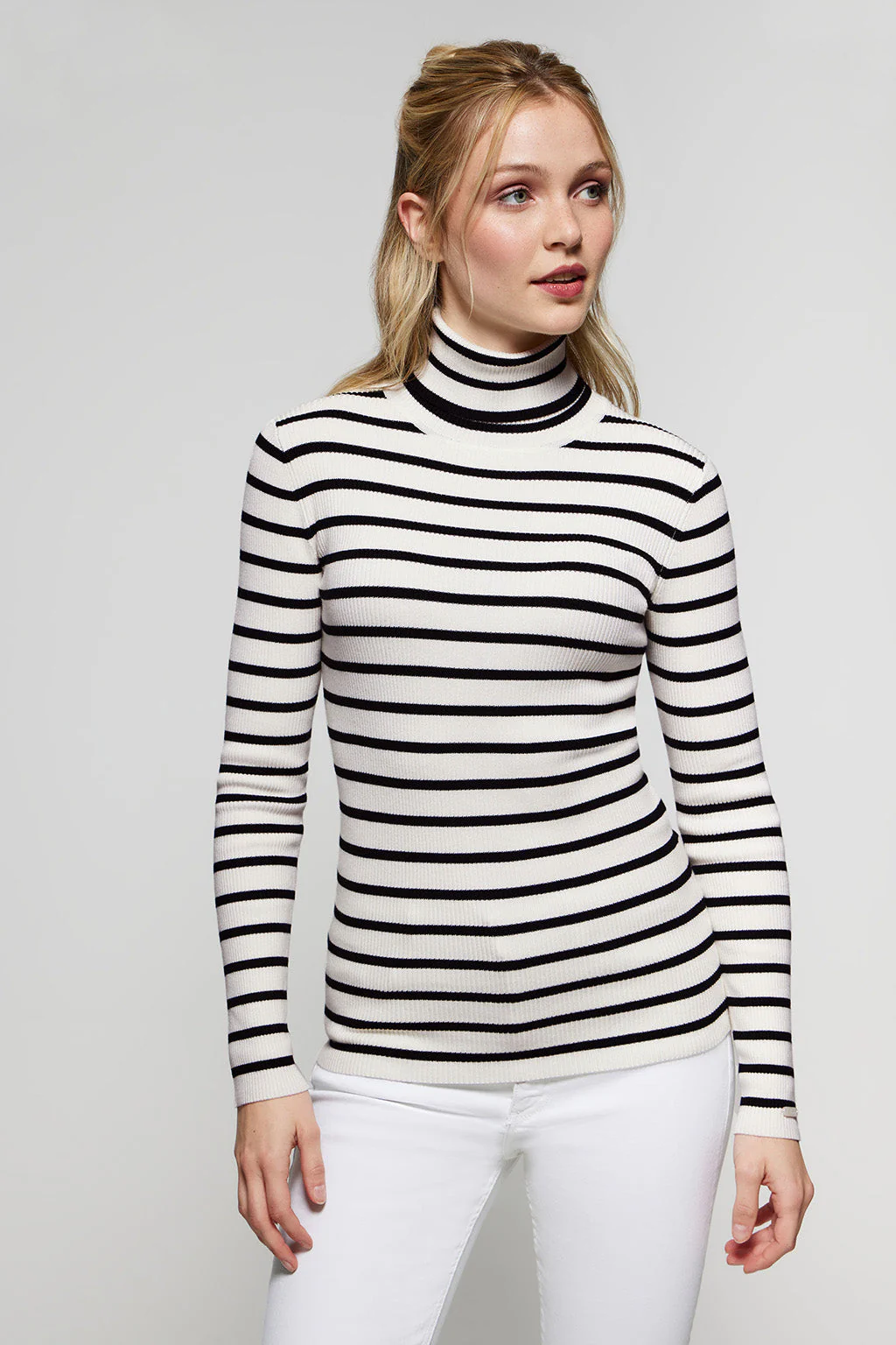 Navy-blue and beige turtleneck striped jumper with Polo detail - Image 4