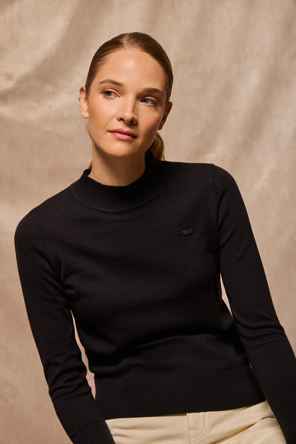Black mock-neck knit jumper with PC pearly button - Image 13
