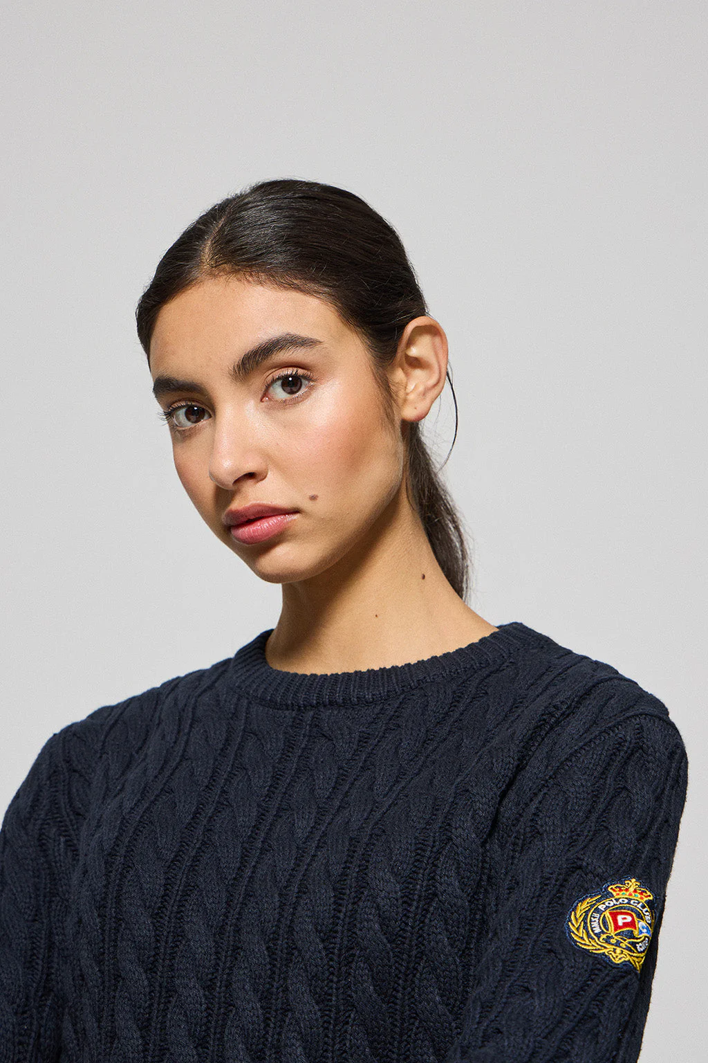 Navy-blue cable-knit jumper with Nautic patch - Image 3