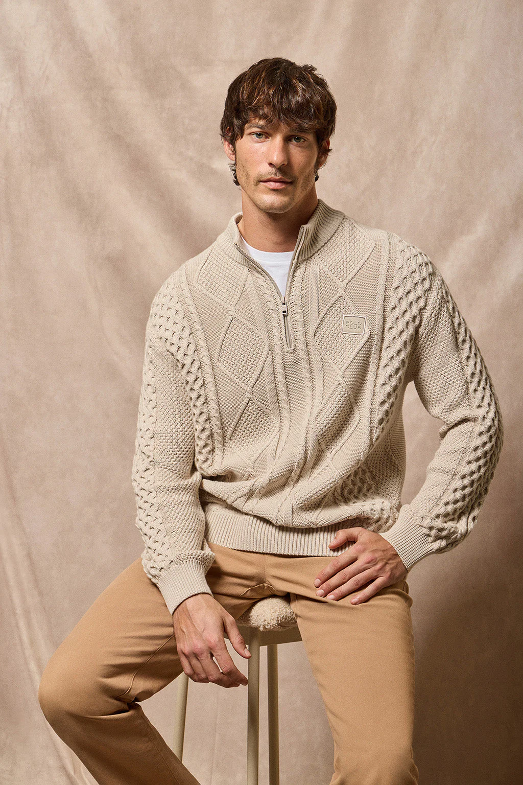 Brown zip cable-knit jumper Nil with Polo Club detail
