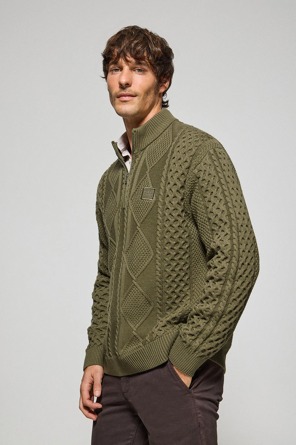 Army-green zip cable-knit jumper Nil with Polo Club detail - Image 4